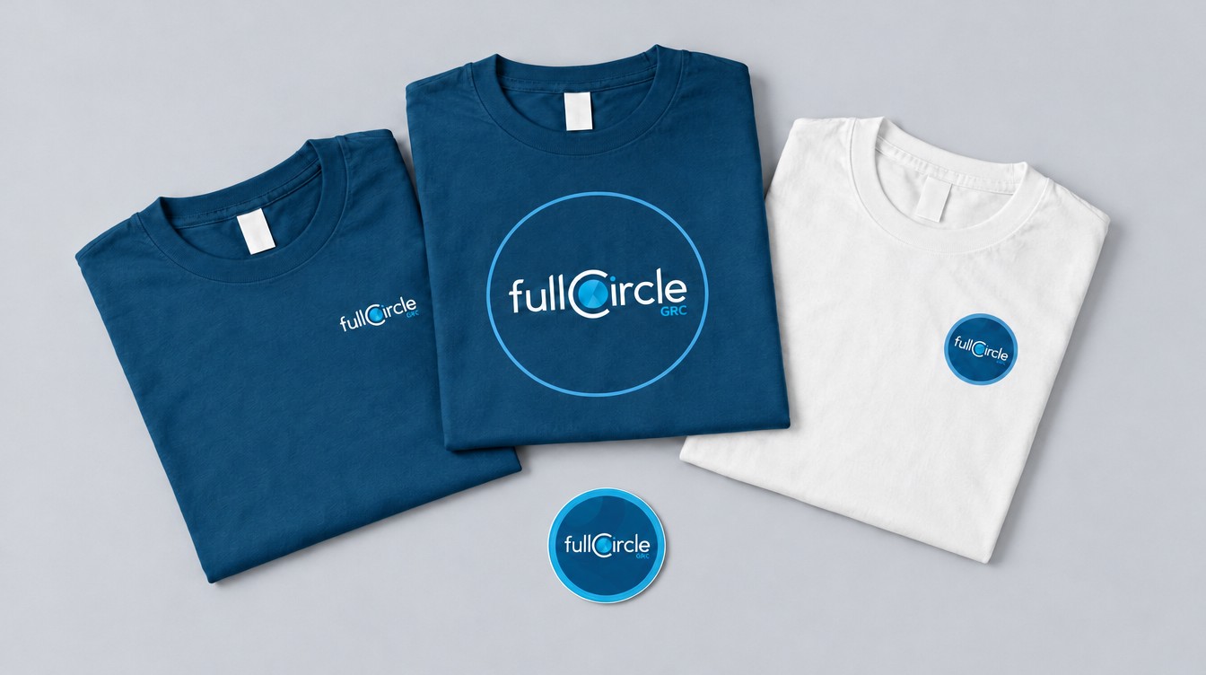 Flat lay of fullCircle conference shirts and the round circle sticker on a light gray table