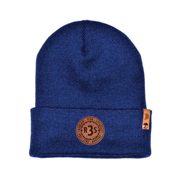 A beanie with a leather patch